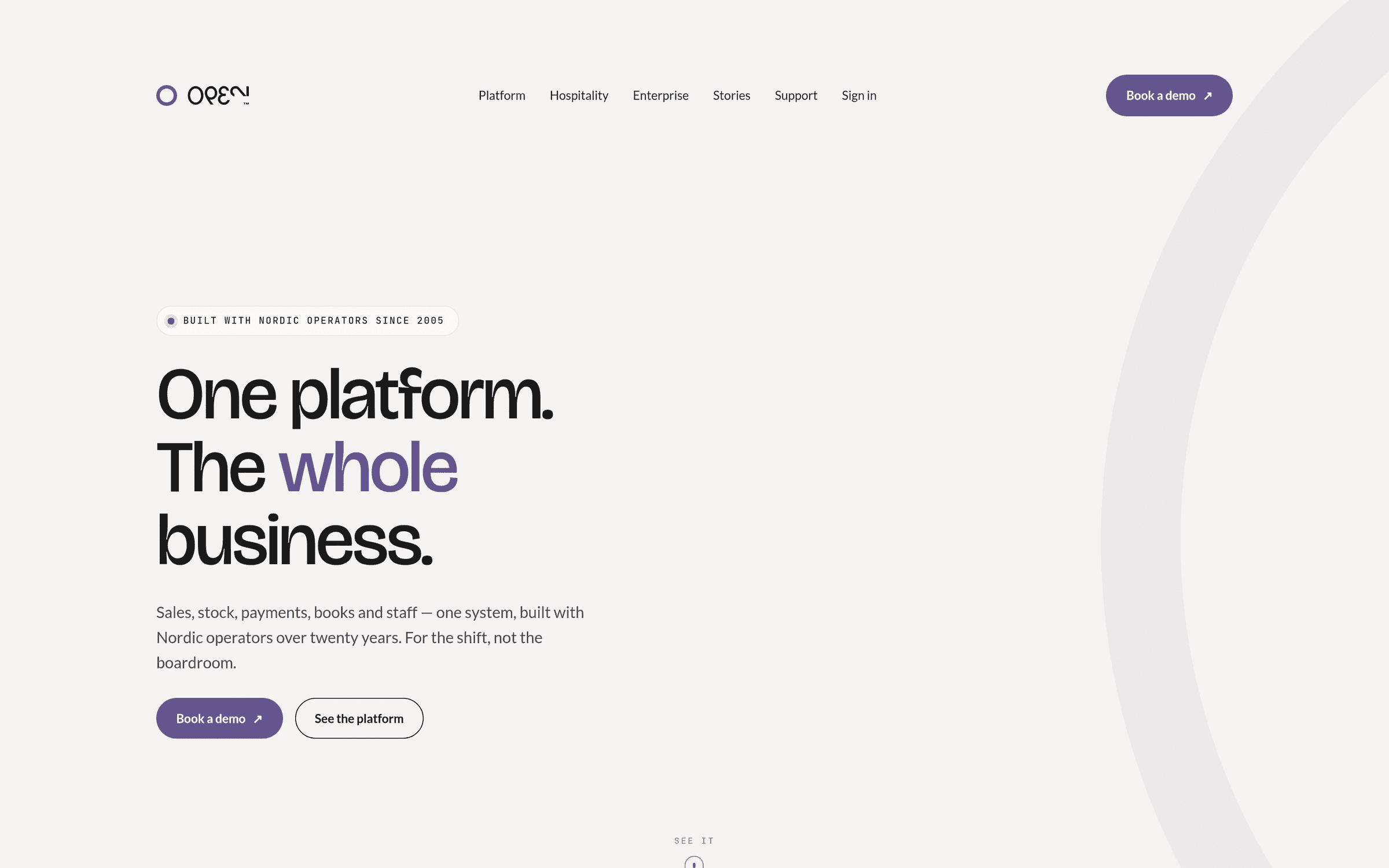 Nya openpos.tech — startsidans hero i ljust läge med rubriken ”One platform. The whole business.”