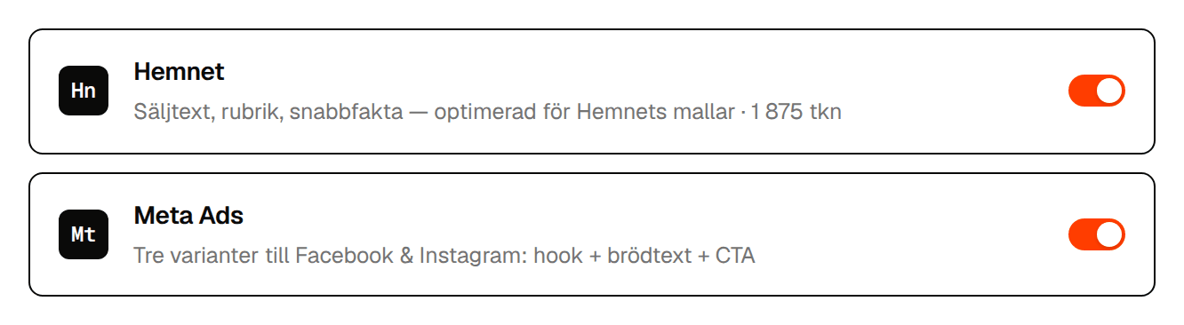 Estatio: val av kanaler för den färdiga texten.