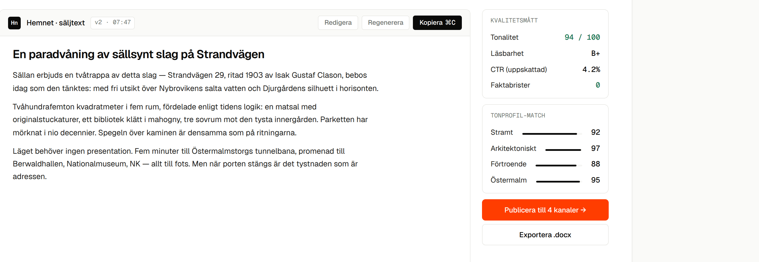 Estatio: en färdig objektstext för Hemnet, med kvalitetsmått och noll faktabrister.