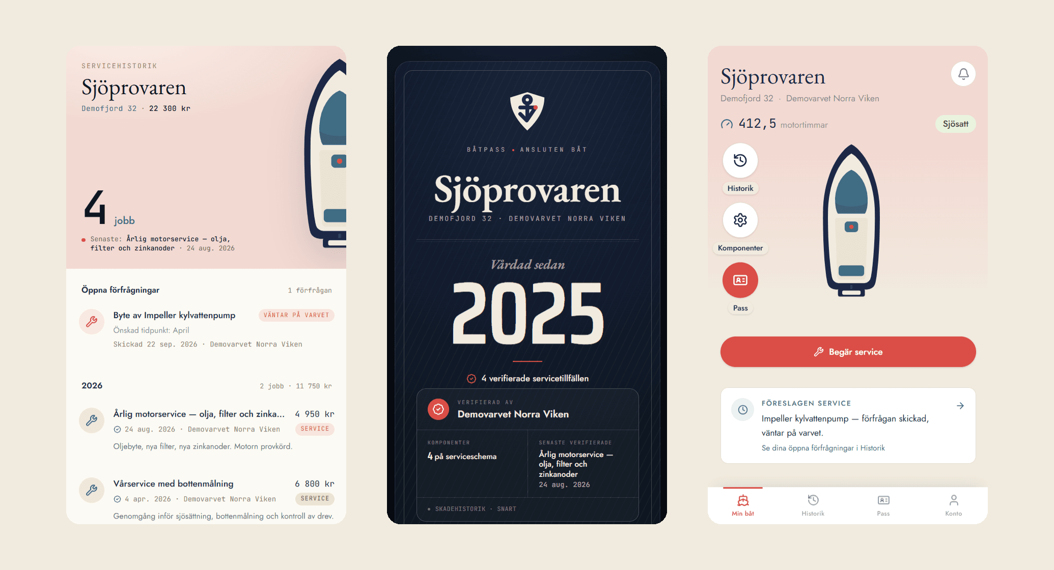 Tre vyer ur Yardly-appen: servicehistoriken, båtpasset och startvyn.